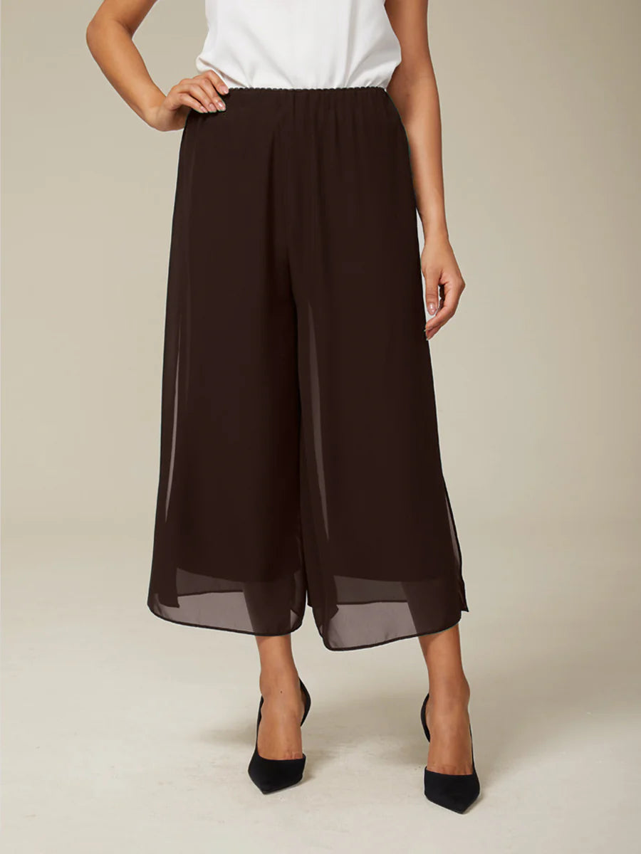 Cropped Straight-Leg Pants with Chiffon Split Overlay