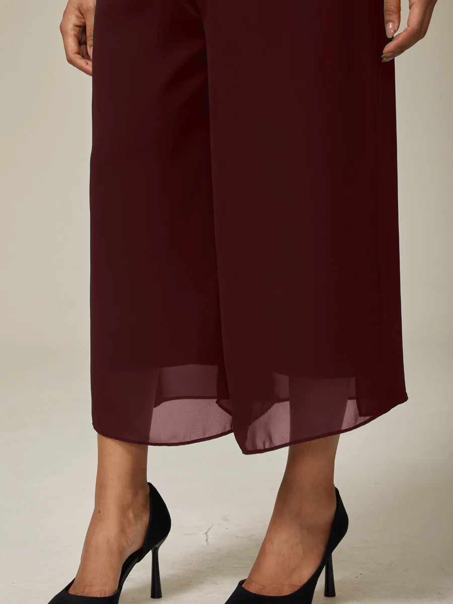 Cropped Straight-Leg Pants with Chiffon Split Overlay