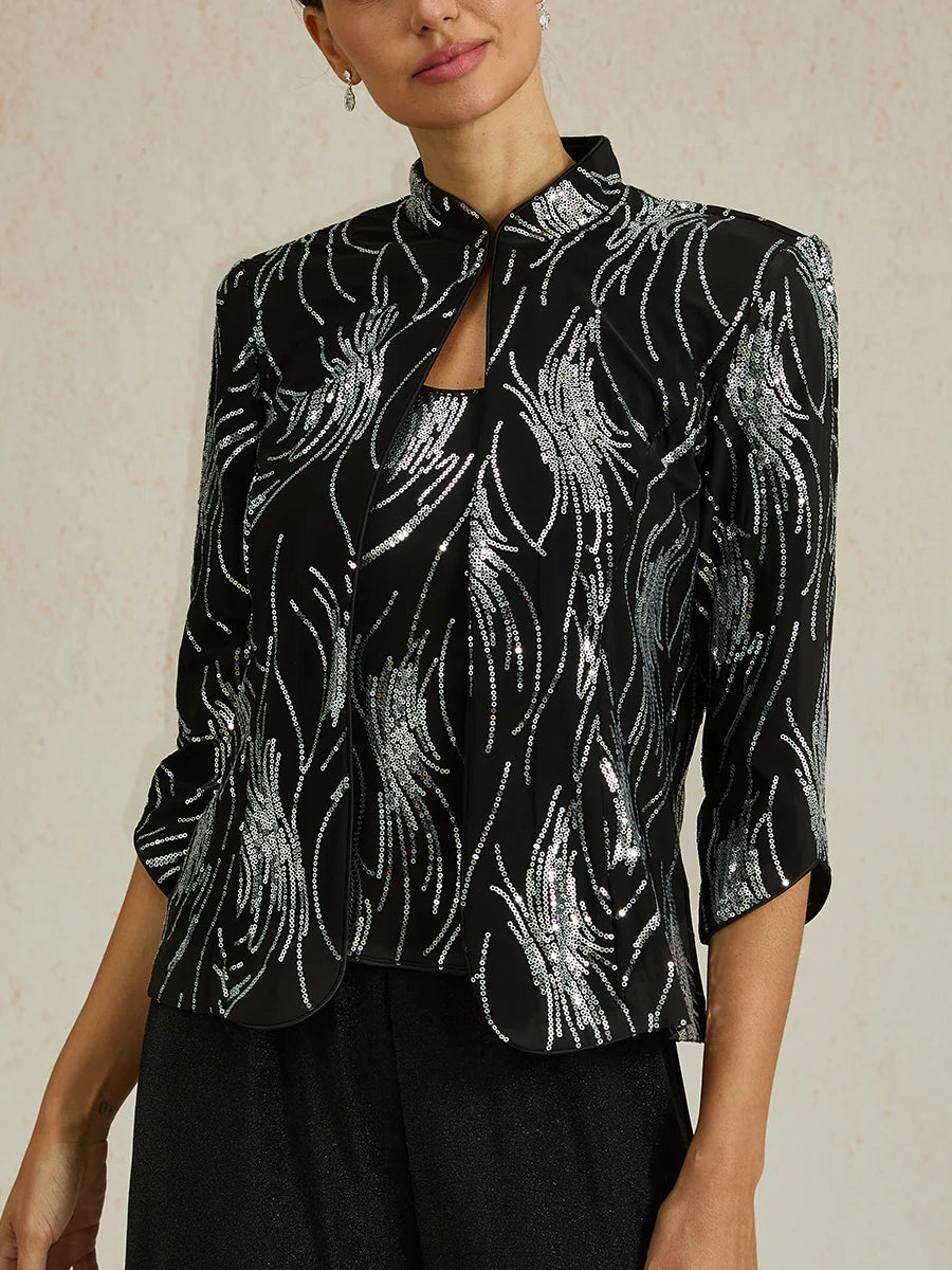 Elegant Sequin Twinset with Stand Collar