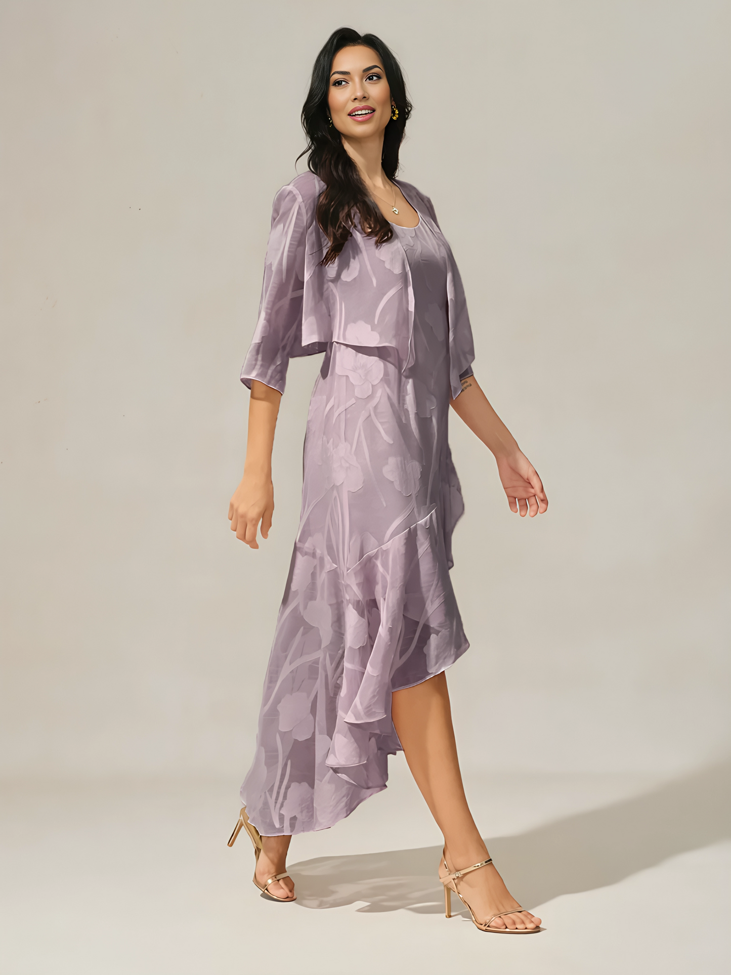 Floral Burnout Chiffon Evening Gown with Asymmetrical Hem