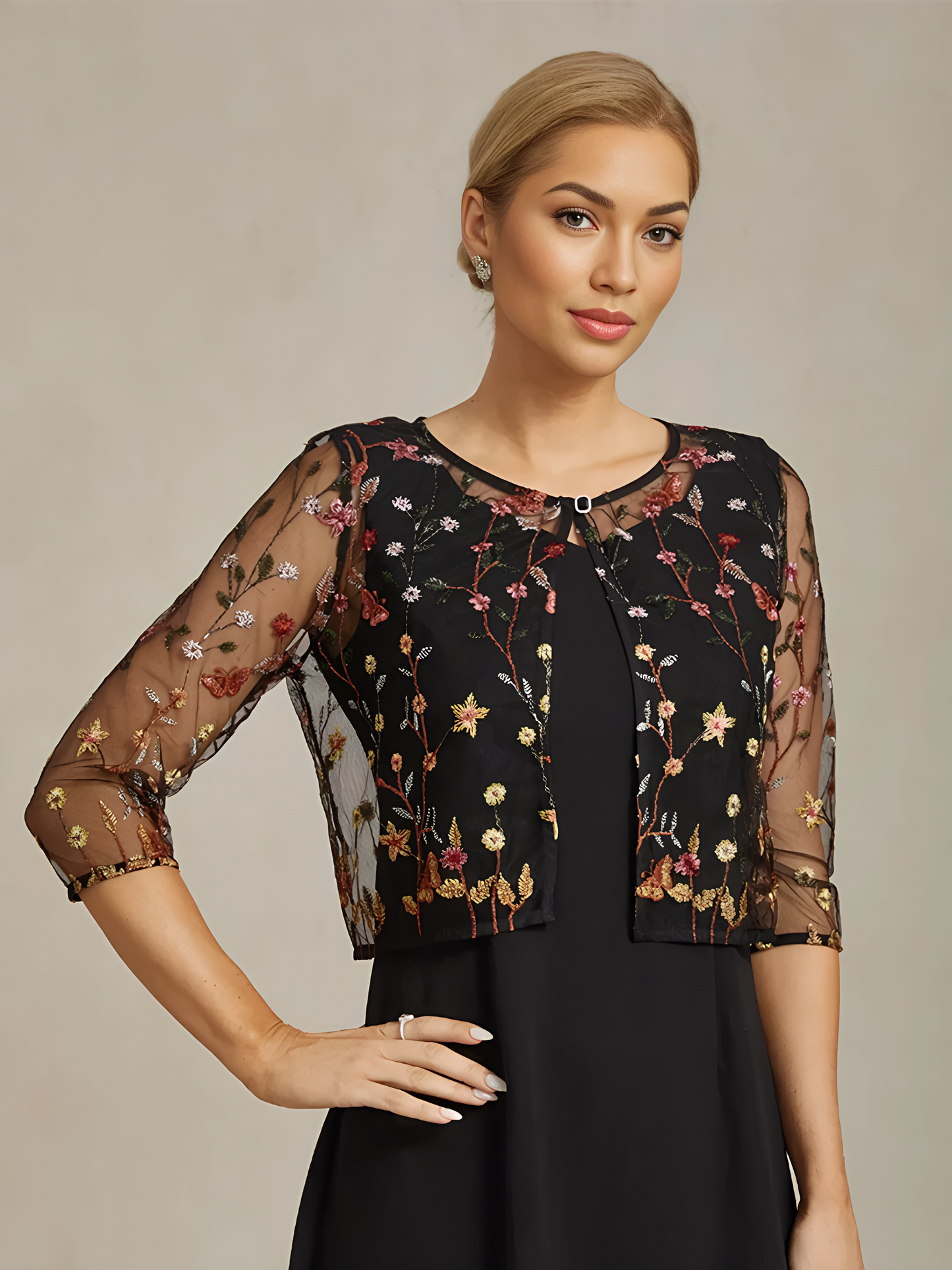 Floral Embroidered Lace Jacket with Rhinestone Button