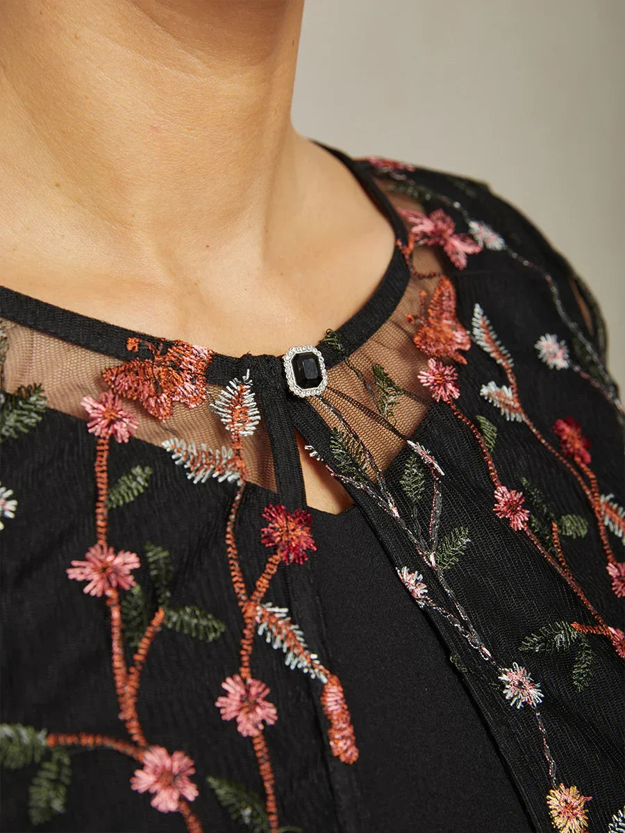 Floral Embroidered Lace Jacket with Rhinestone Button