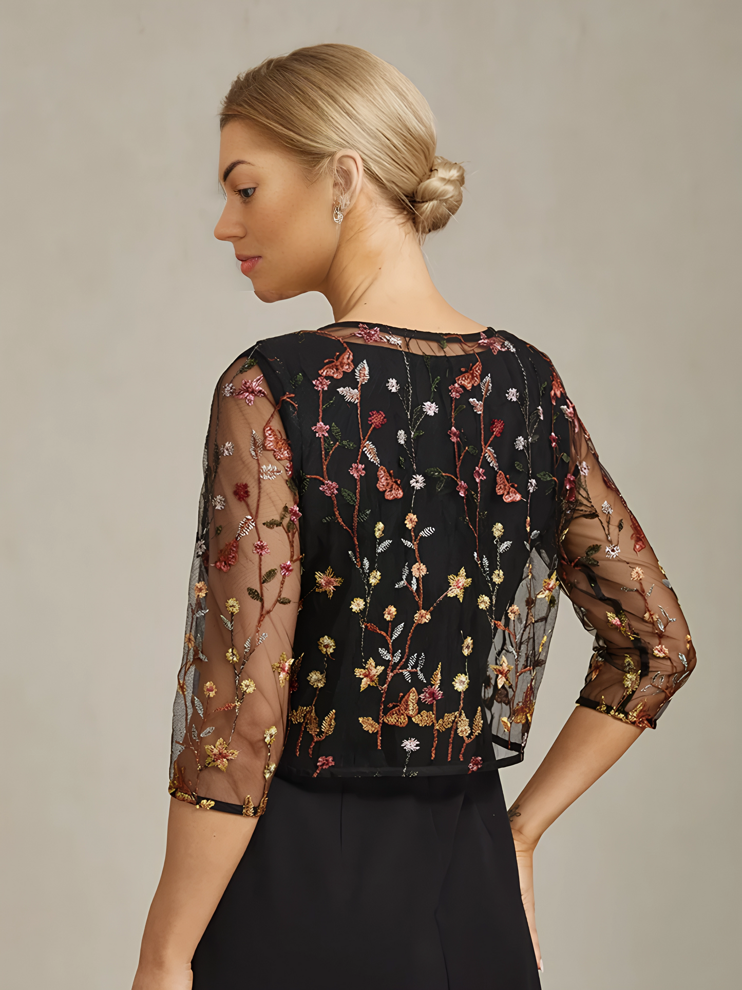 Floral Embroidered Lace Jacket with Rhinestone Button
