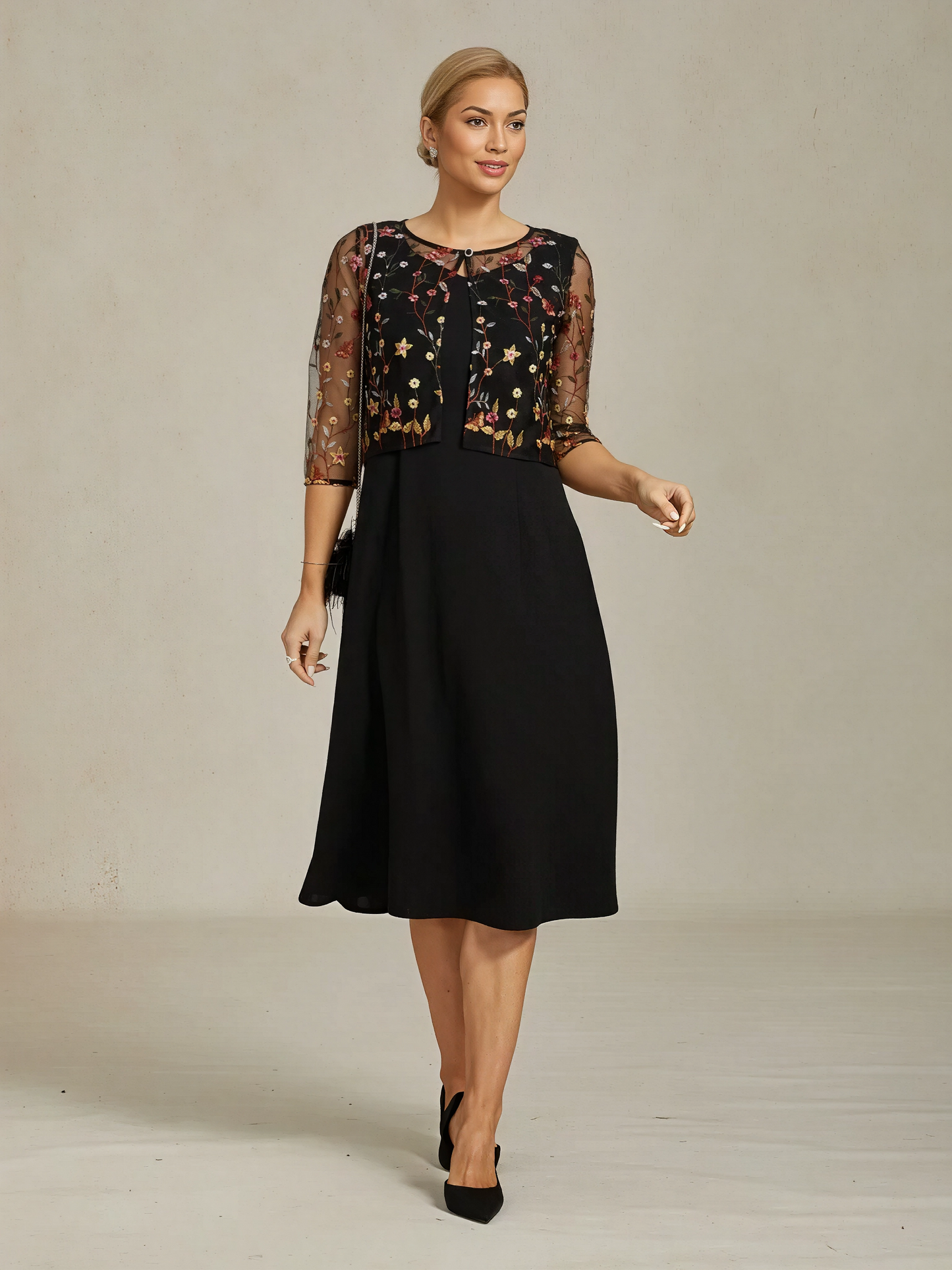 Floral Embroidered Lace Jacket with Rhinestone Button
