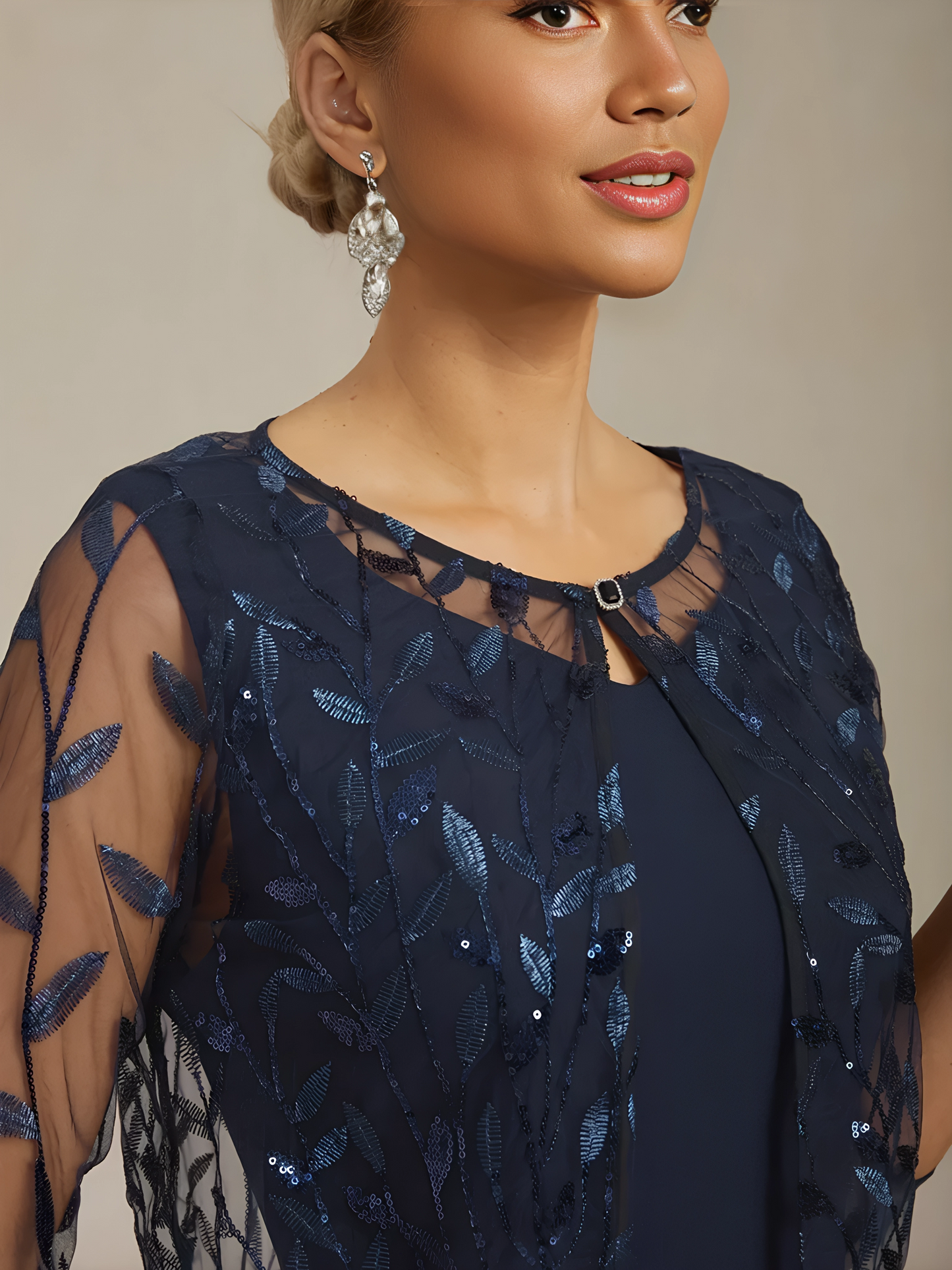 Floral Embroidered Lace Jacket with Rhinestone Button