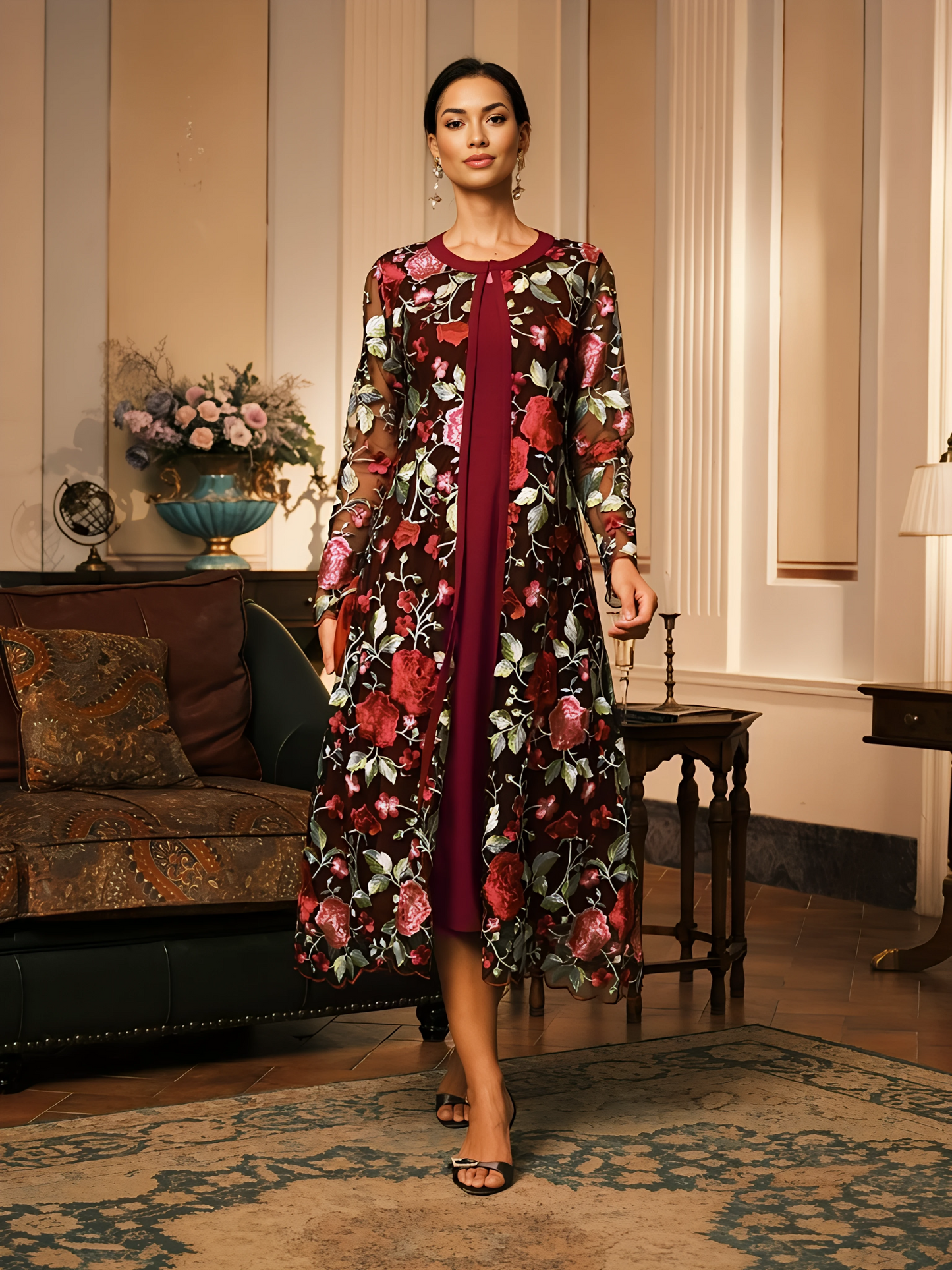 Long Floral Embroidered Lace Jacket