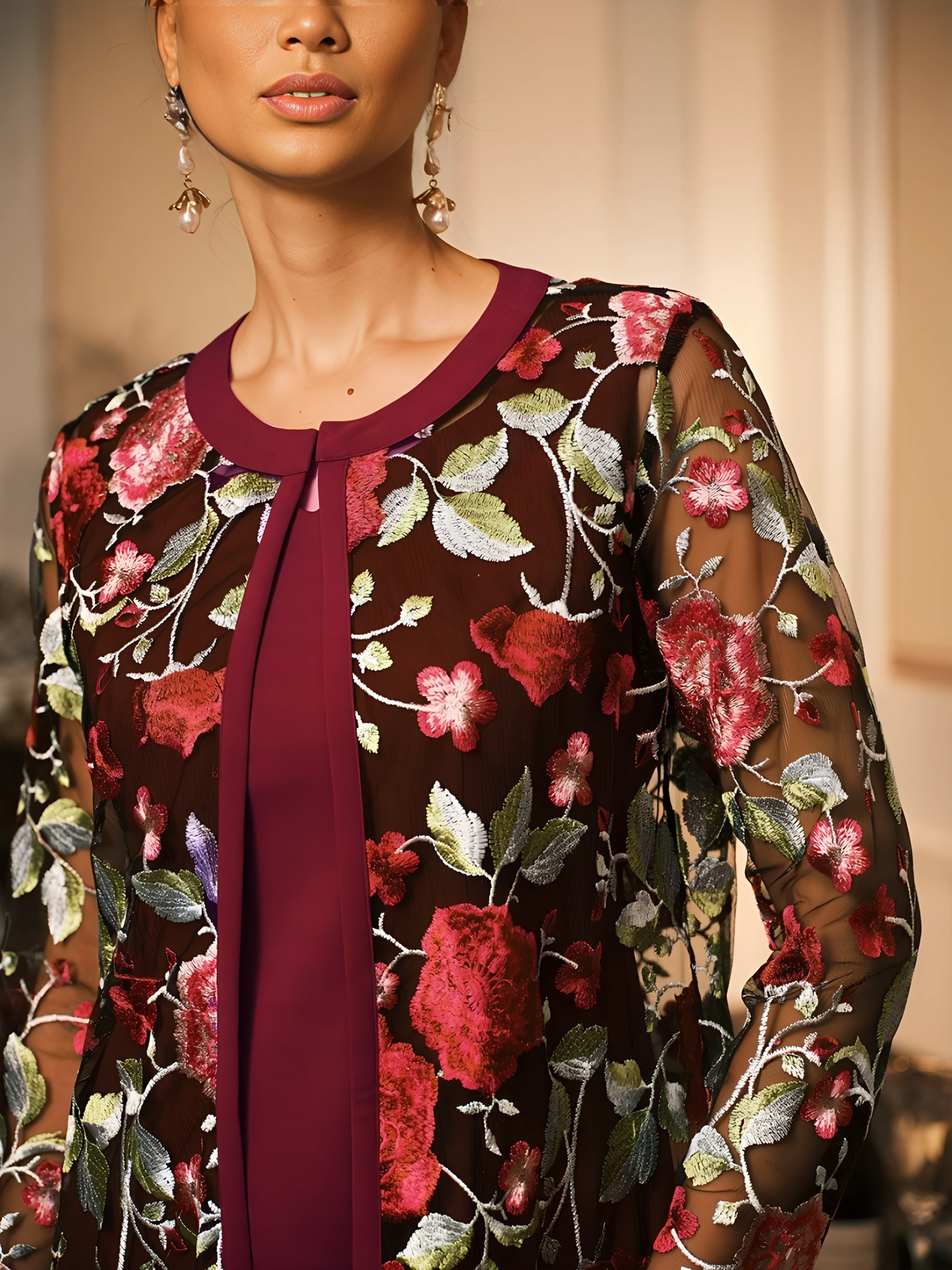 Long Floral Embroidered Lace Jacket