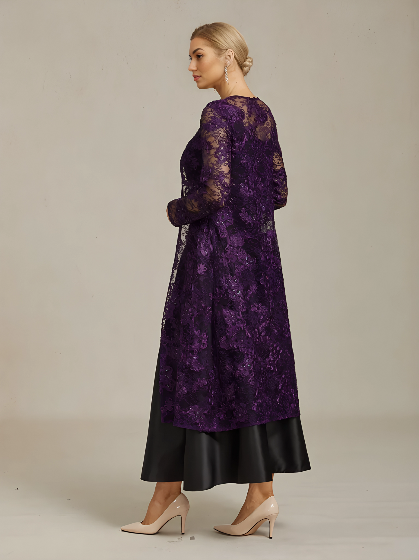 Rosette Lace Long Jacket with Sequin Detail