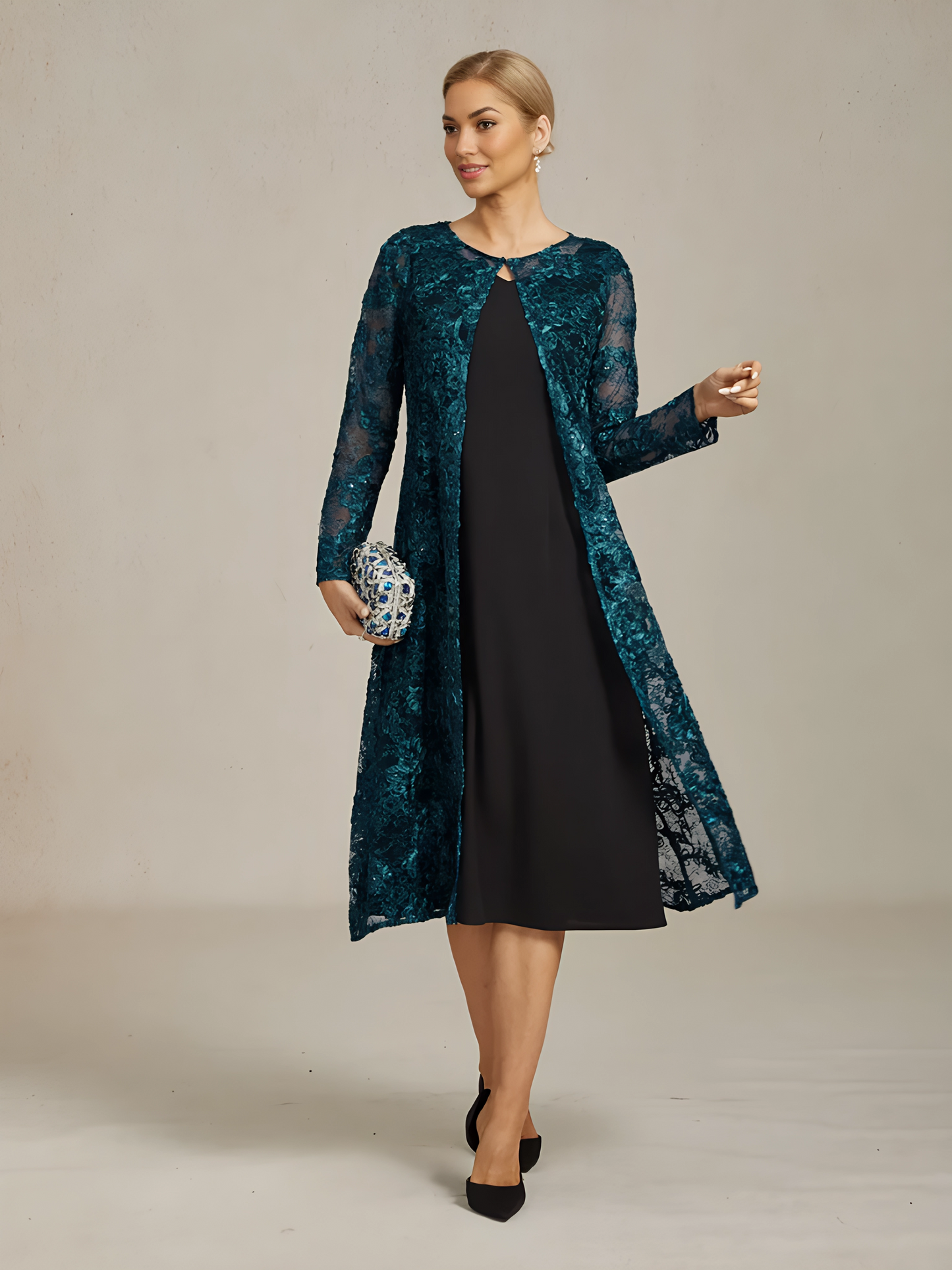 Rosette Lace Long Jacket with Sequin Detail