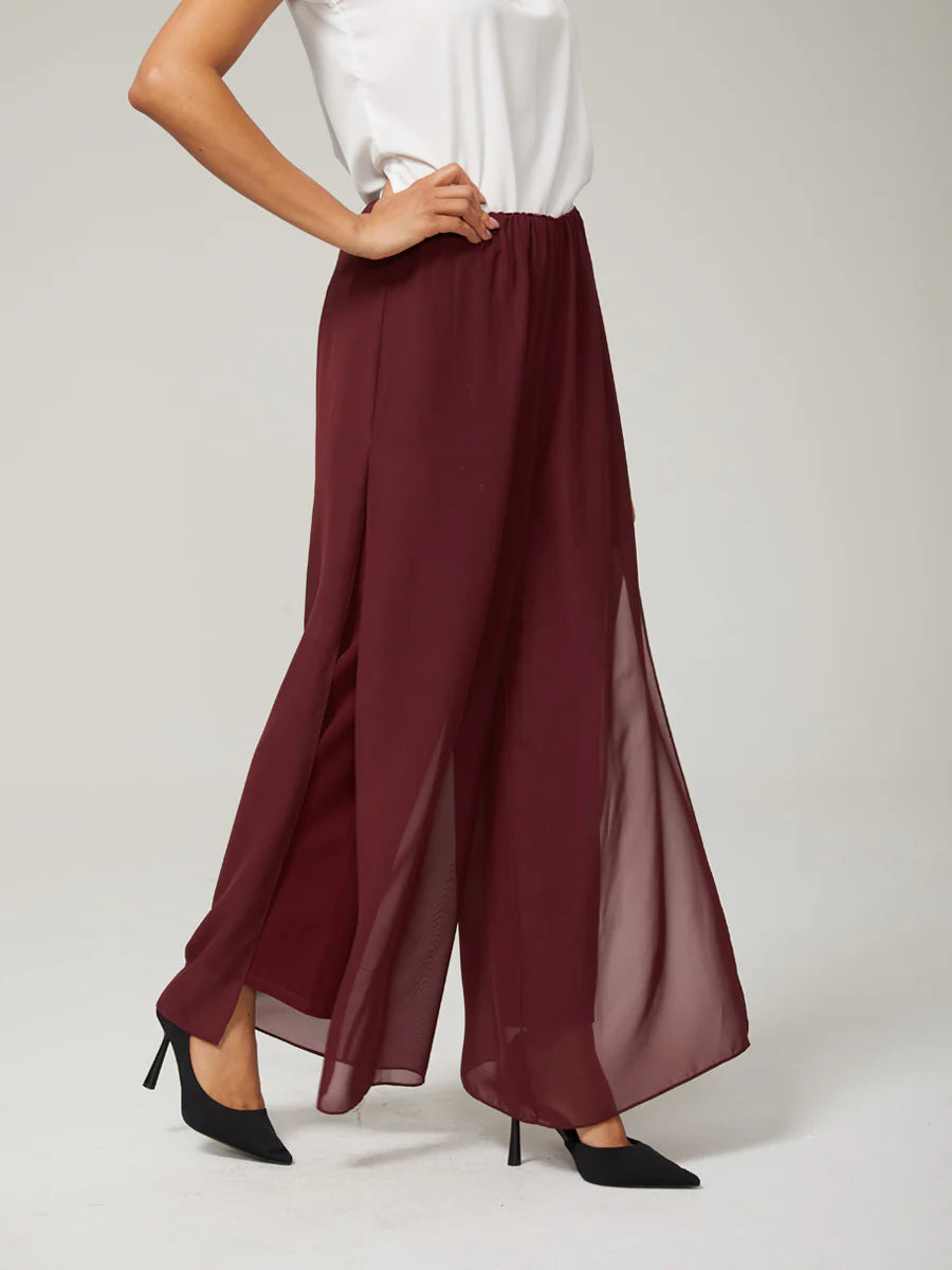 Straight-Leg Pants with Chiffon Split Overlay