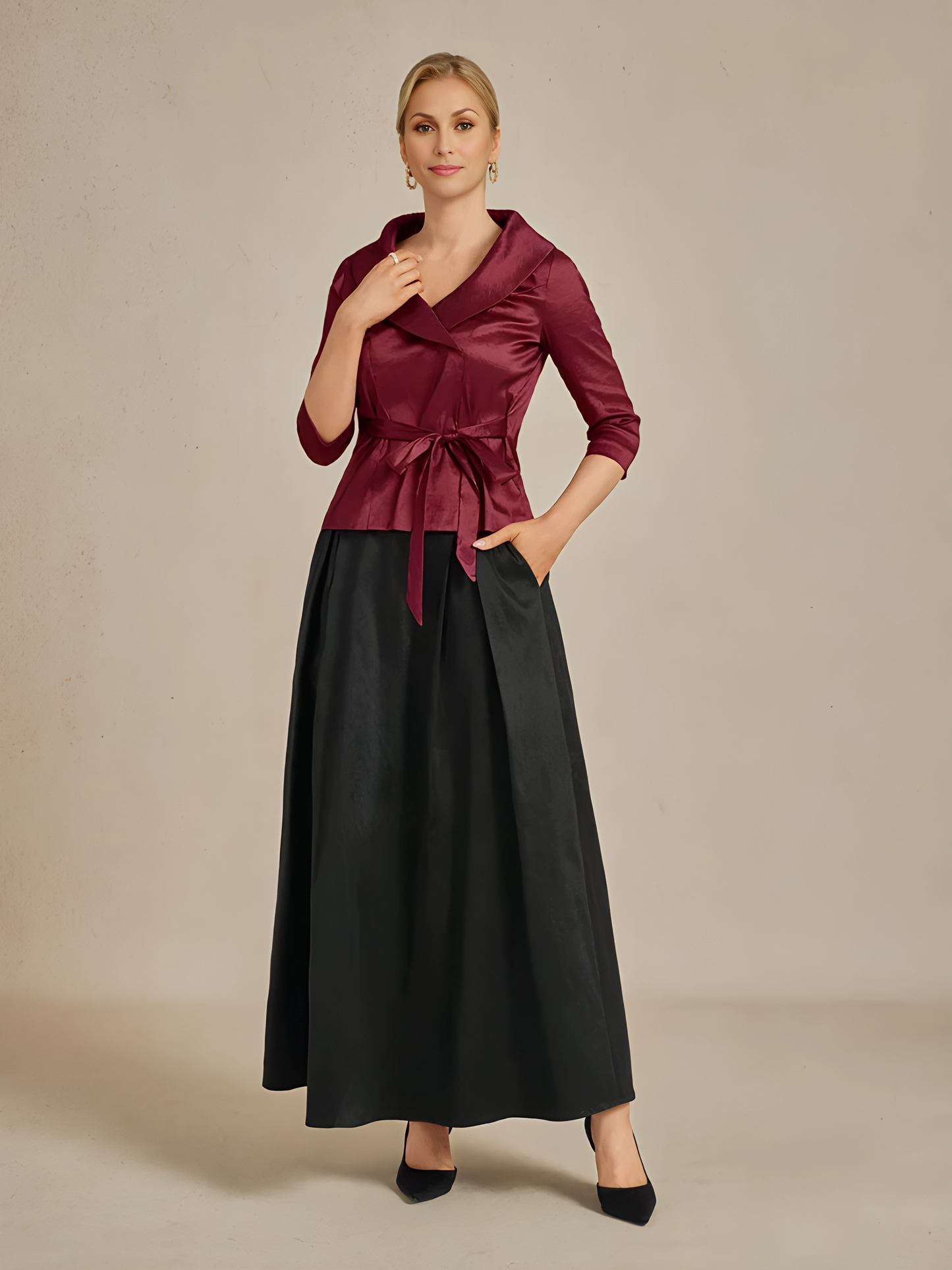 Stretch Taffeta Tie-Waist Blouse with 3/4 Sleeves