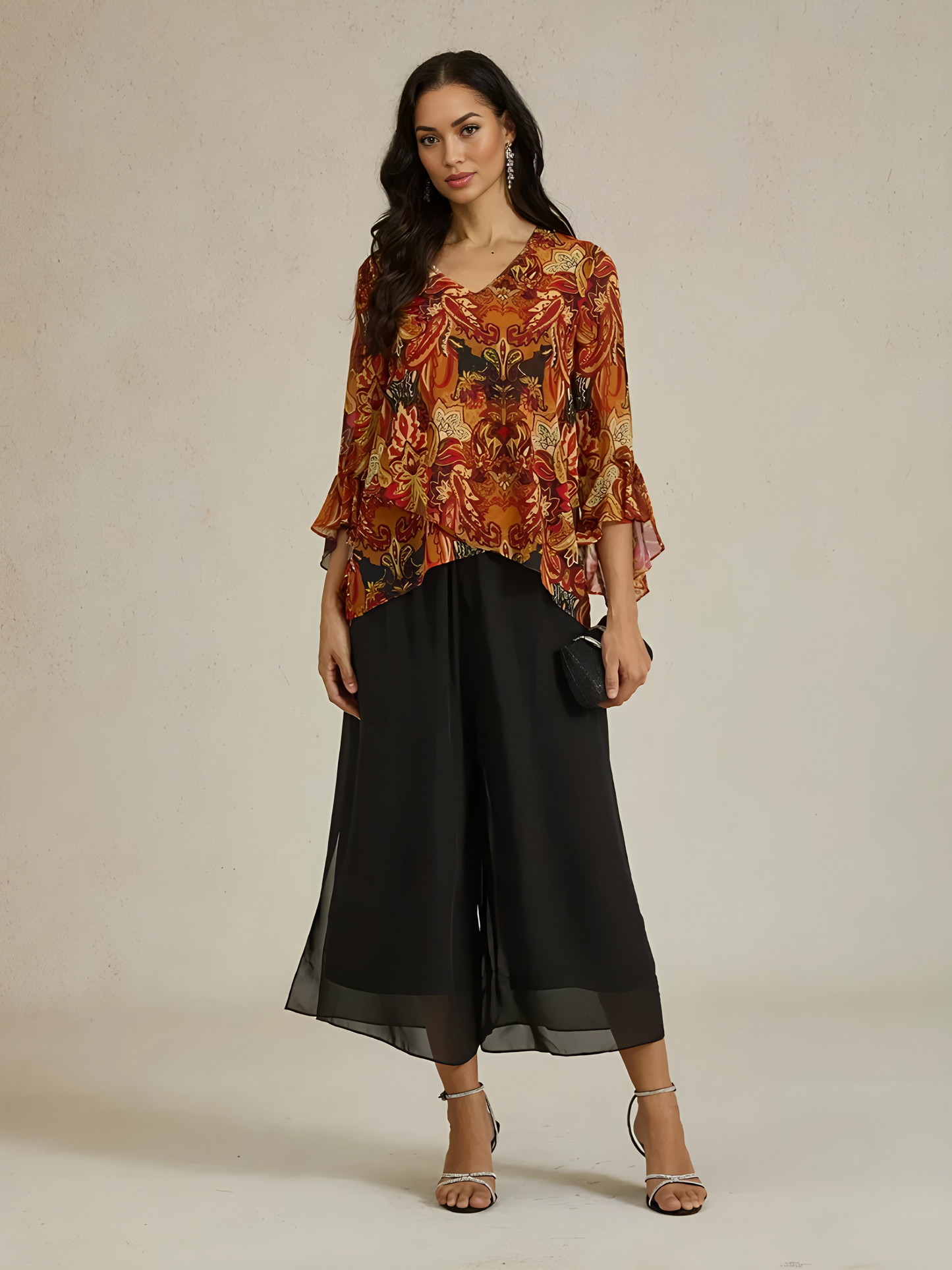 Cropped Straight-Leg Pants with Chiffon Split Overlay