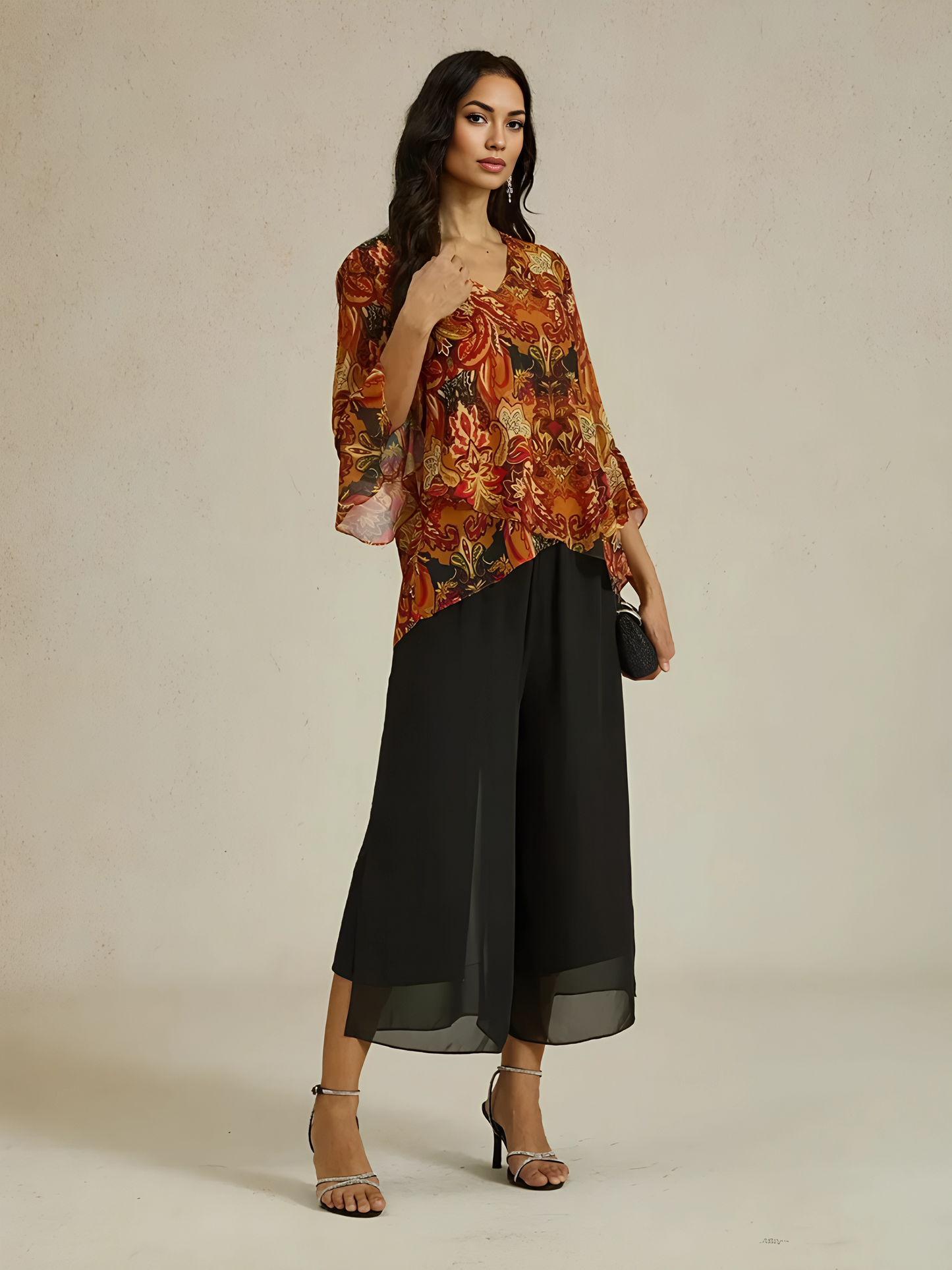 Cropped Straight-Leg Pants with Chiffon Split Overlay