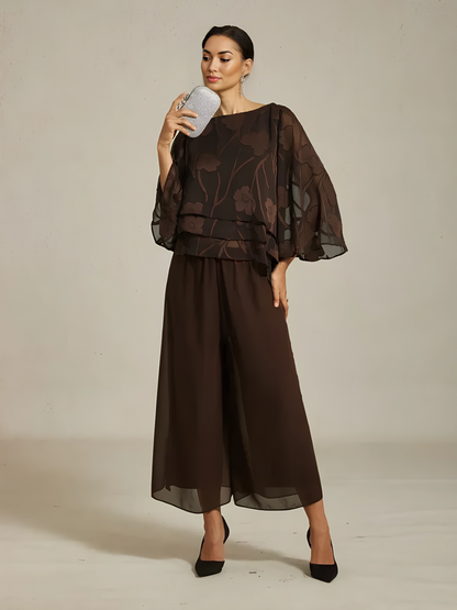 Cropped Straight-Leg Pants with Chiffon Split Overlay