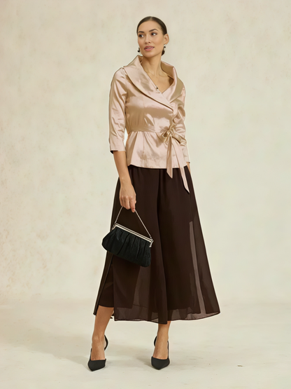 Cropped Straight-Leg Pants with Chiffon Split Overlay