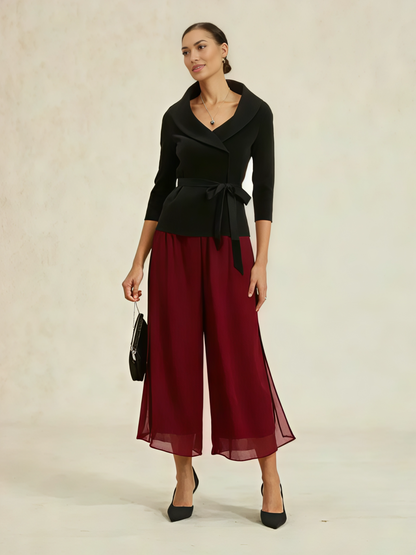 Cropped Straight-Leg Pants with Chiffon Split Overlay