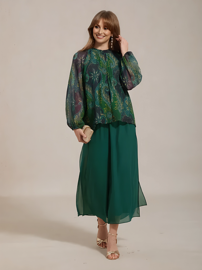 Cropped Straight-Leg Pants with Chiffon Split Overlay