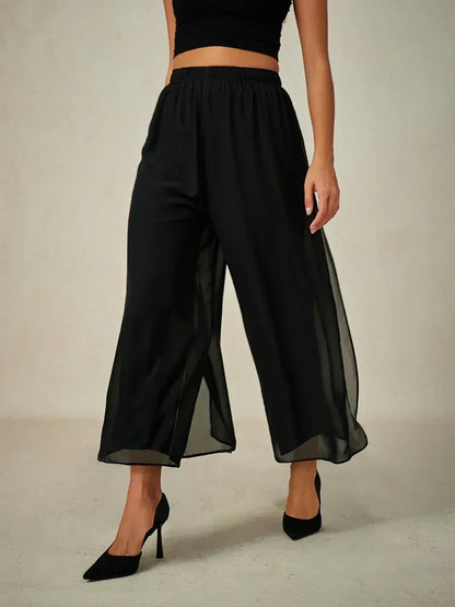 Cropped Straight-Leg Pants with Chiffon Split Overlay
