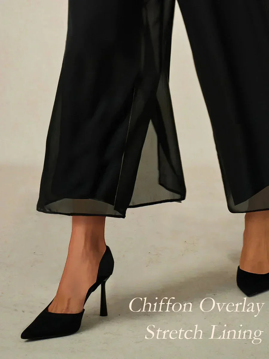Cropped Straight-Leg Pants with Chiffon Split Overlay