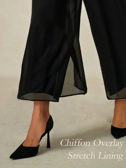 Cropped Straight-Leg Pants with Chiffon Split Overlay
