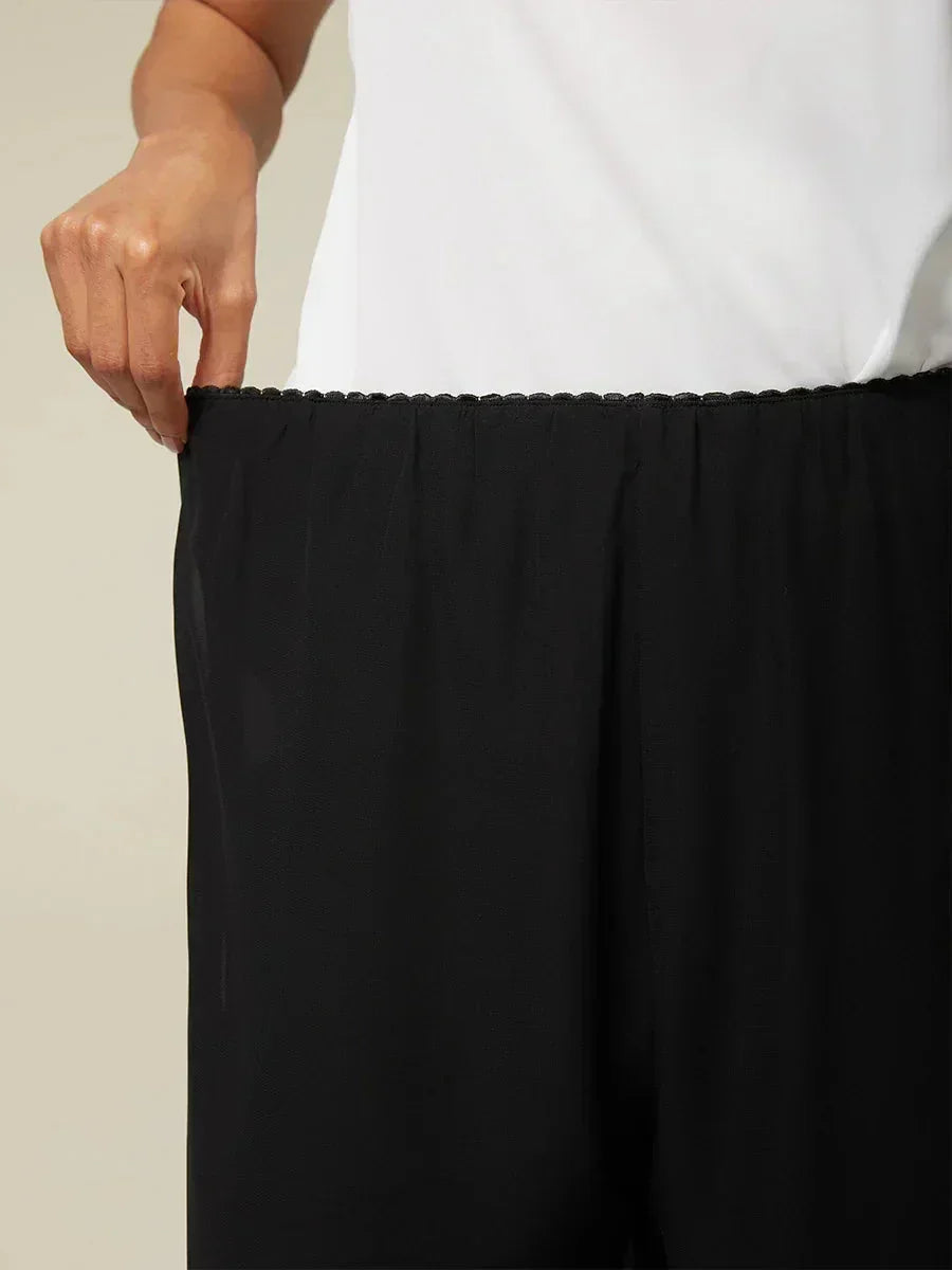 Cropped Straight-Leg Pants with Chiffon Split Overlay