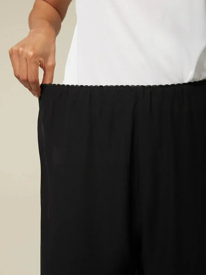 Cropped Straight-Leg Pants with Chiffon Split Overlay