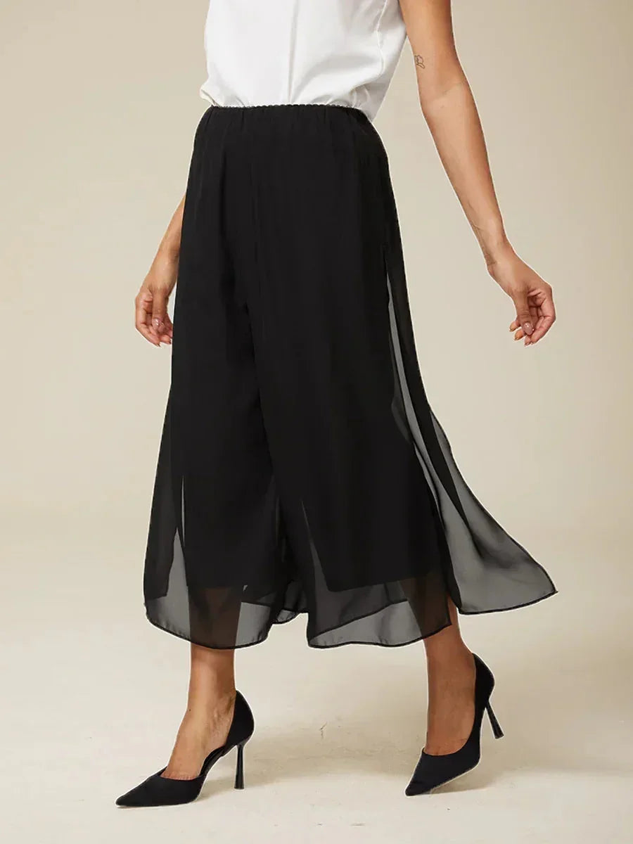 Cropped Straight-Leg Pants with Chiffon Split Overlay
