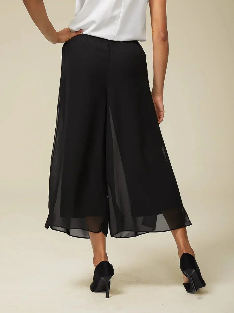 Cropped Straight-Leg Pants with Chiffon Split Overlay