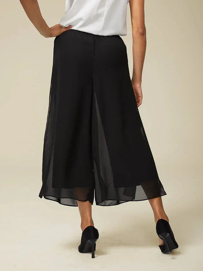 Cropped Straight-Leg Pants with Chiffon Split Overlay