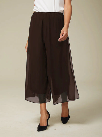 Cropped Straight-Leg Pants with Chiffon Split Overlay