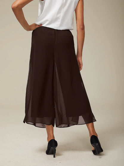 Cropped Straight-Leg Pants with Chiffon Split Overlay