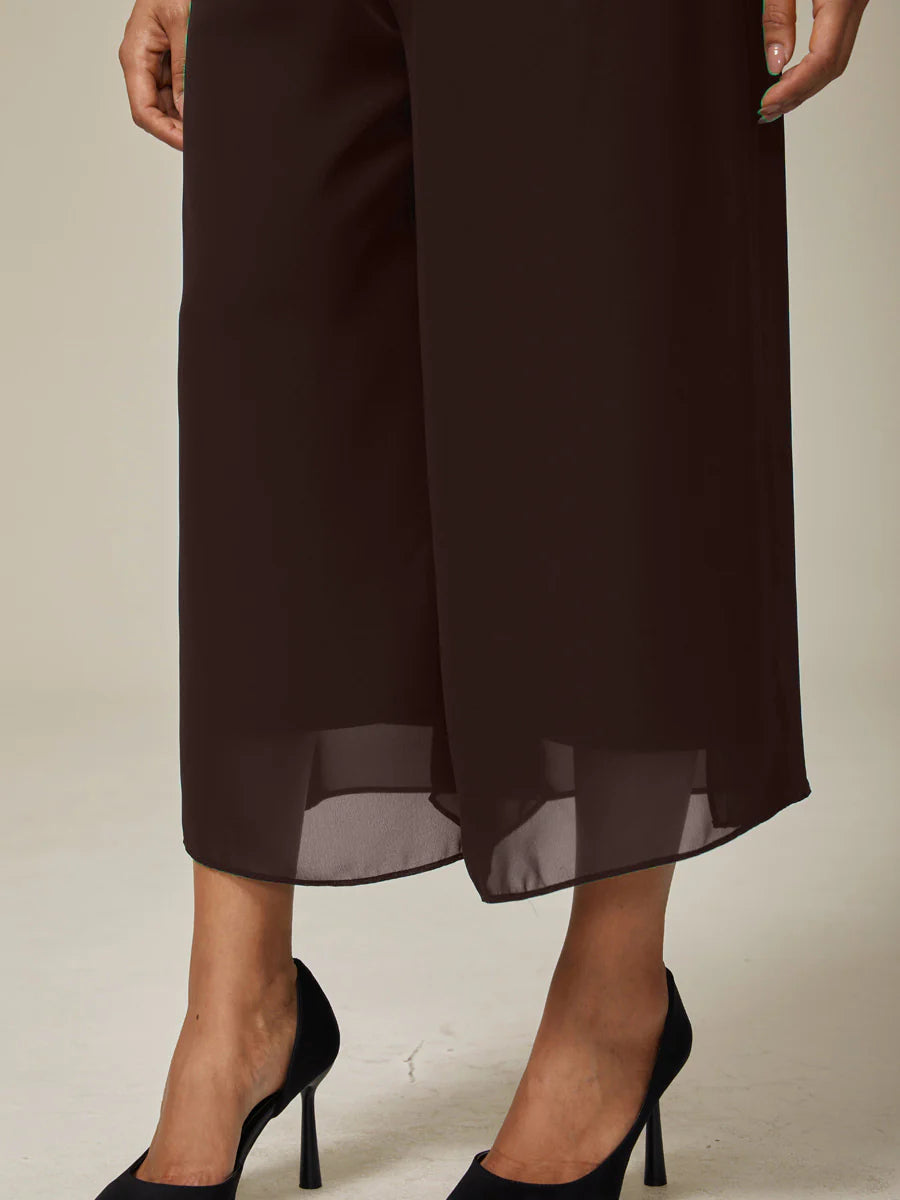 Cropped Straight-Leg Pants with Chiffon Split Overlay