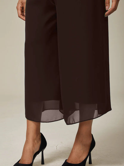 Cropped Straight-Leg Pants with Chiffon Split Overlay