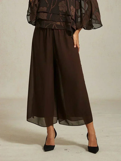 Cropped Straight-Leg Pants with Chiffon Split Overlay