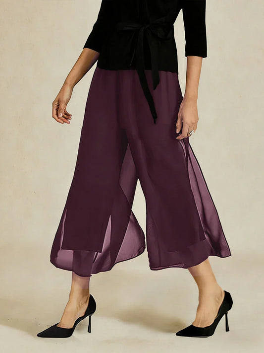 Cropped Straight-Leg Pants with Chiffon Split Overlay