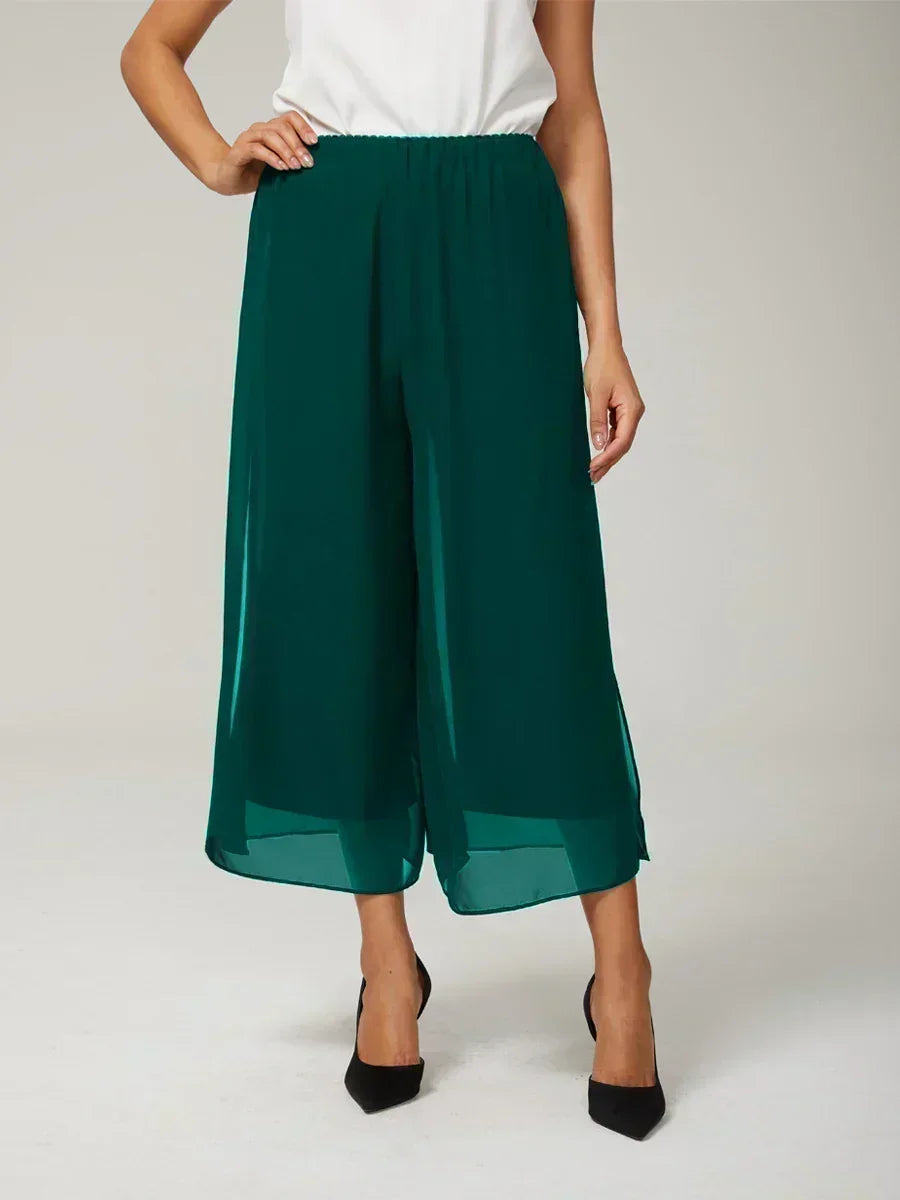 Cropped Straight-Leg Pants with Chiffon Split Overlay
