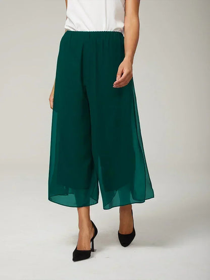 Cropped Straight-Leg Pants with Chiffon Split Overlay