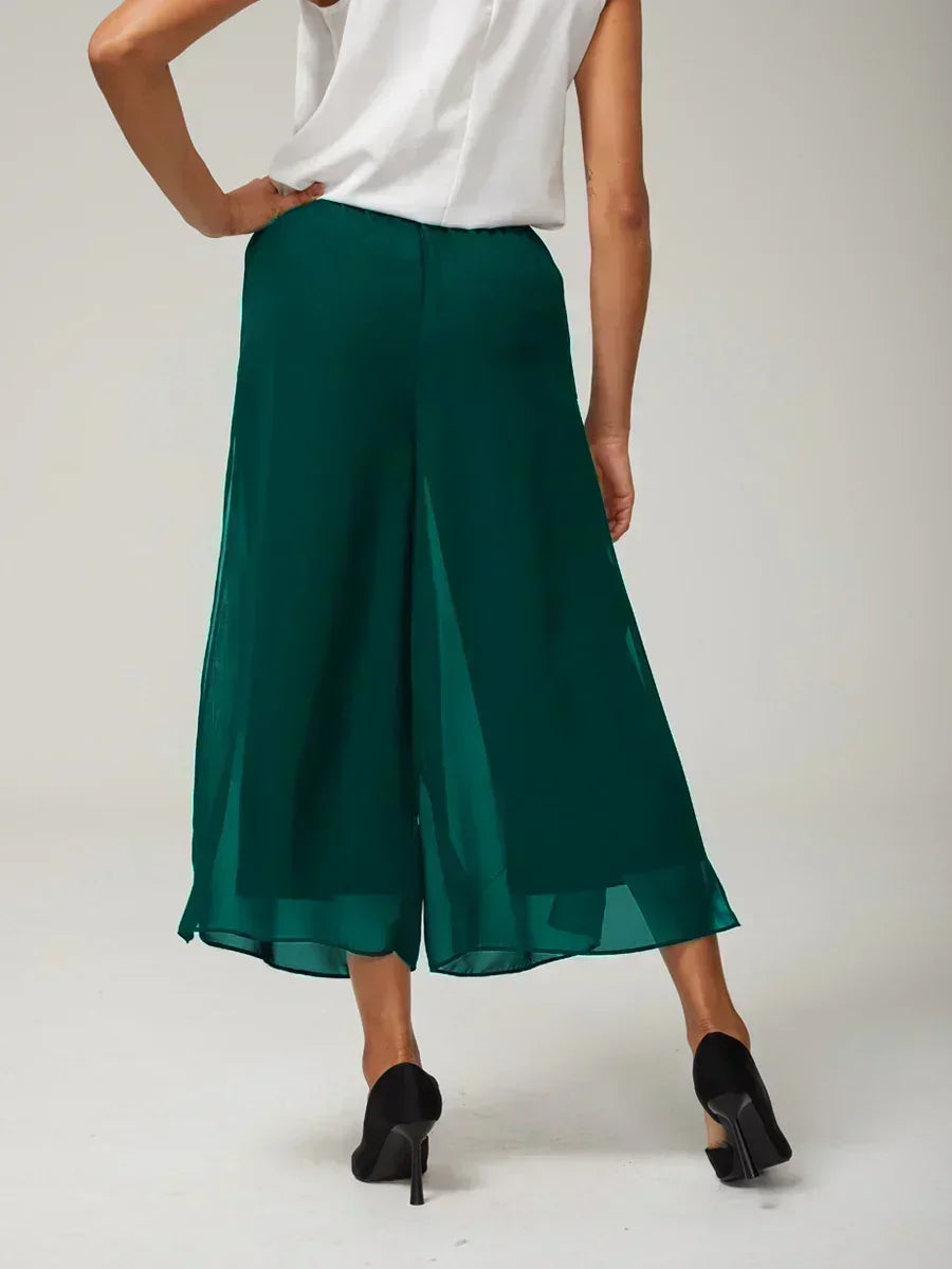Cropped Straight-Leg Pants with Chiffon Split Overlay