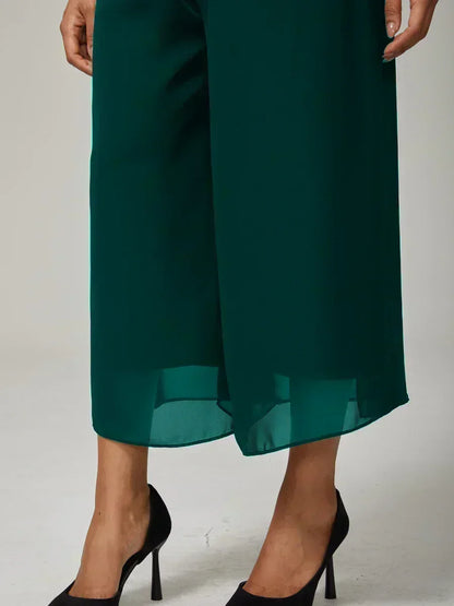Cropped Straight-Leg Pants with Chiffon Split Overlay