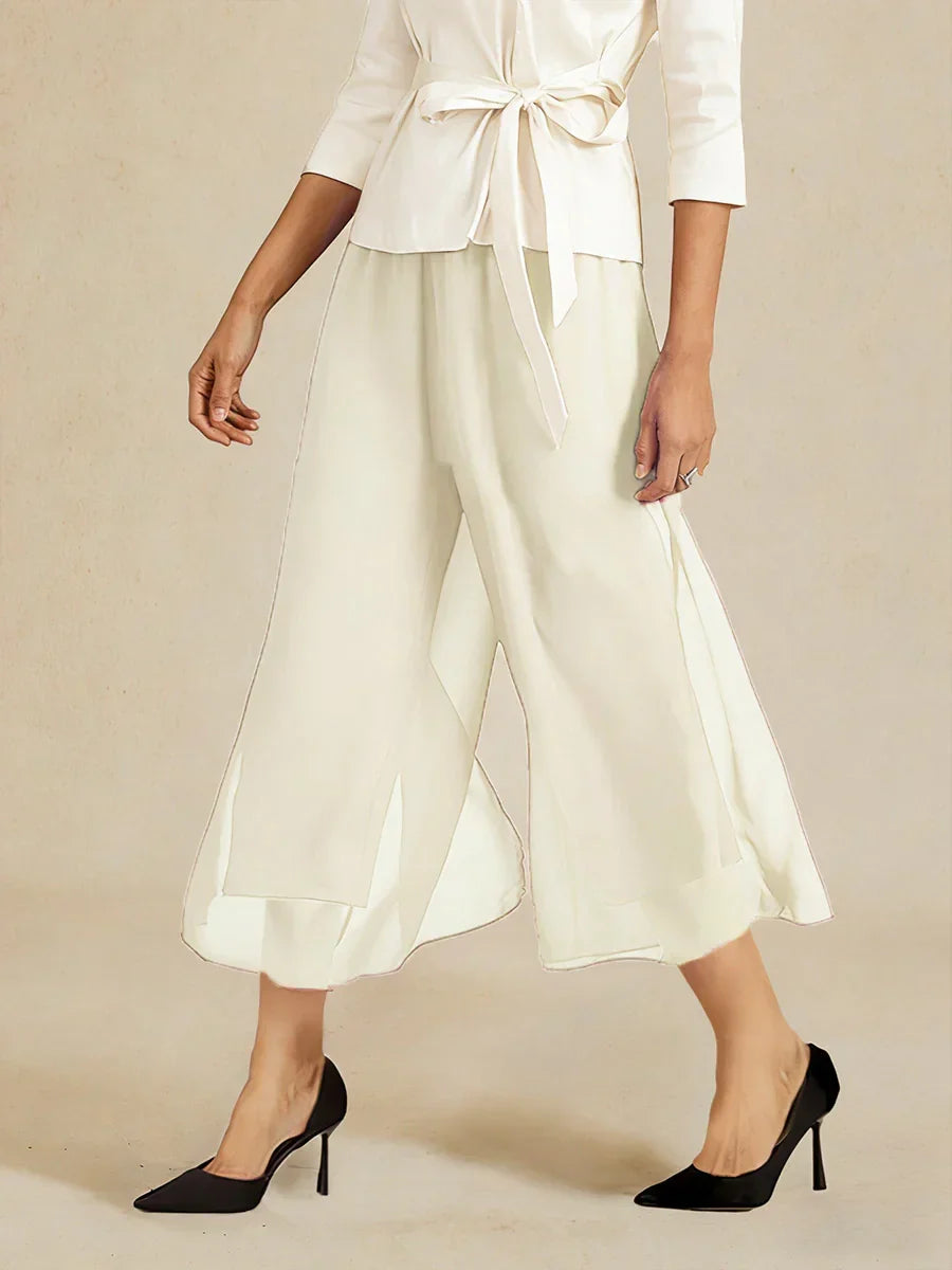 Cropped Straight-Leg Pants with Chiffon Split Overlay