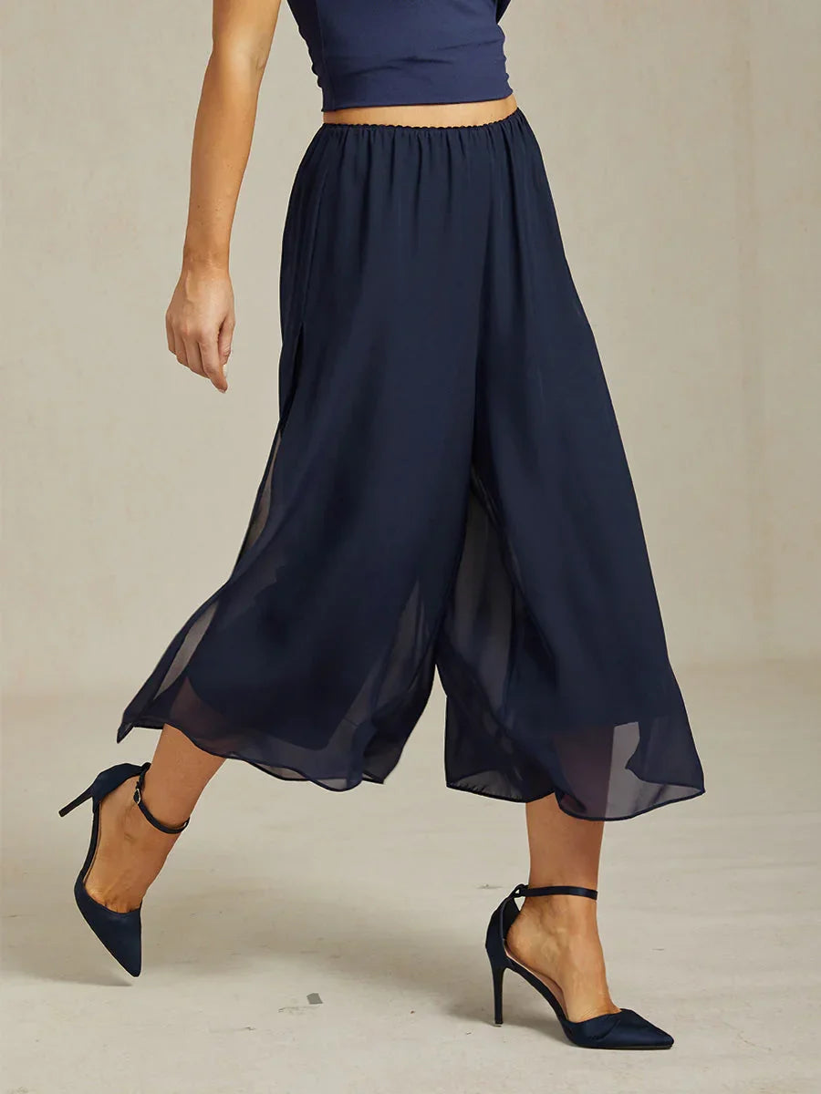 Cropped Straight-Leg Pants with Chiffon Split Overlay