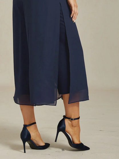 Cropped Straight-Leg Pants with Chiffon Split Overlay