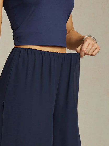 Cropped Straight-Leg Pants with Chiffon Split Overlay