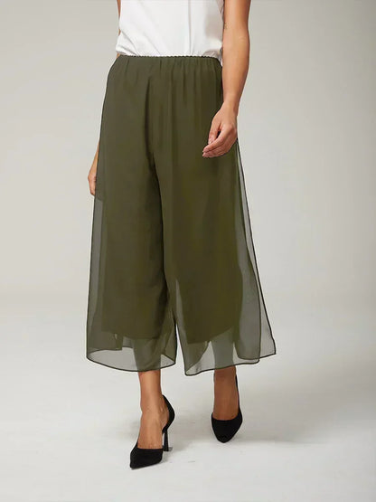 Cropped Straight-Leg Pants with Chiffon Split Overlay