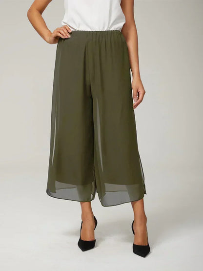 Cropped Straight-Leg Pants with Chiffon Split Overlay