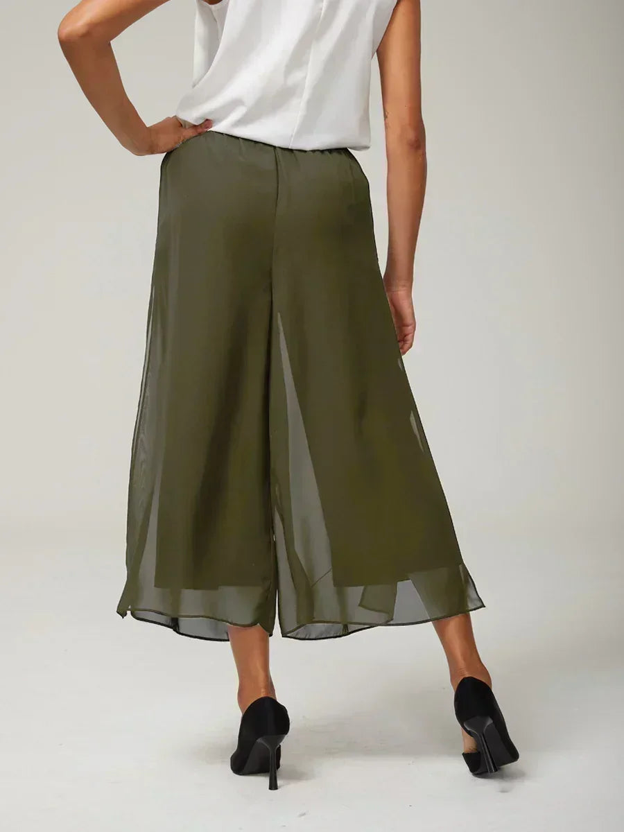 Cropped Straight-Leg Pants with Chiffon Split Overlay