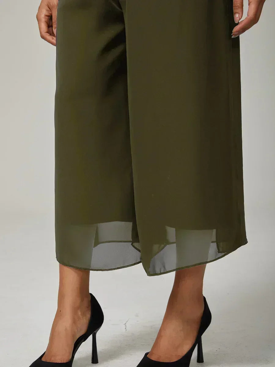 Cropped Straight-Leg Pants with Chiffon Split Overlay