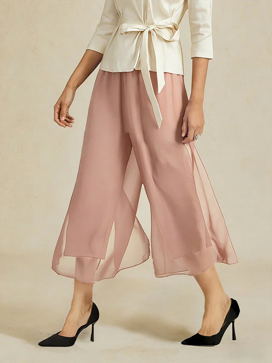 Cropped Straight-Leg Pants with Chiffon Split Overlay