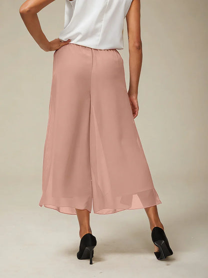 Cropped Straight-Leg Pants with Chiffon Split Overlay