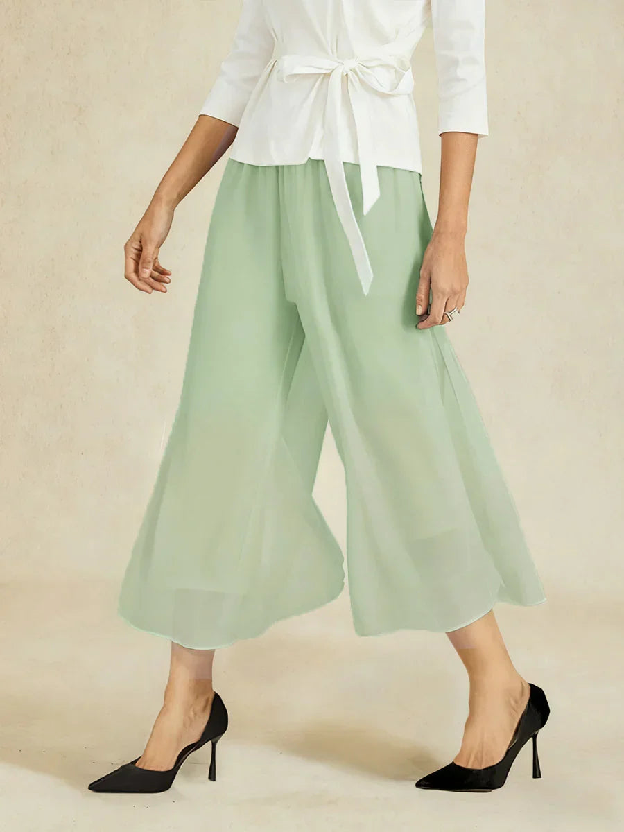 Cropped Straight-Leg Pants with Chiffon Split Overlay
